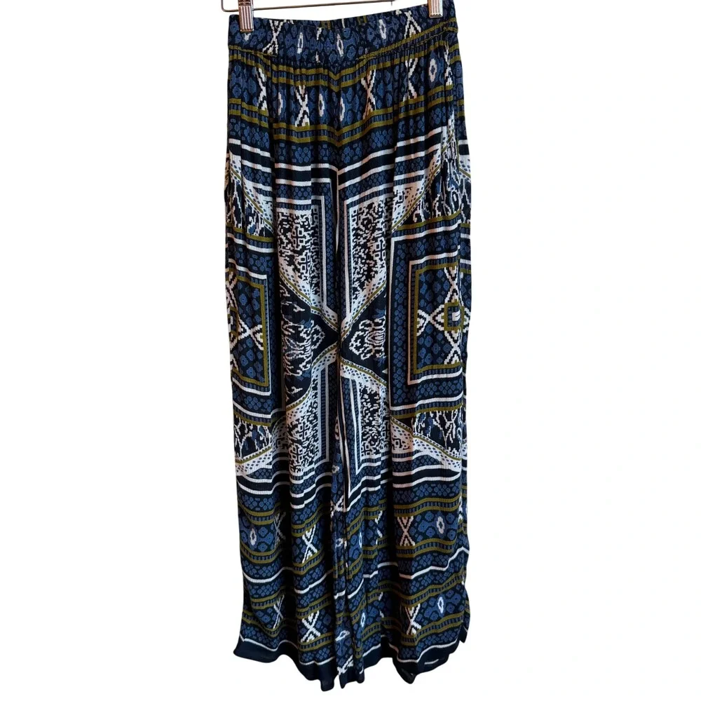 Raga Wide Leg Pants Women XS Blue White Flowy Boho Elastic Waist Palazzo Pant